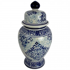 OUTLET- CERAMICZNA BIAŁA WAZA/ WAZON W GRANATOWO- NIEBIESKIE KWIATY-H42CM